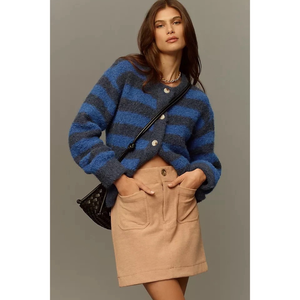 FRNCH megane striped wool blend cardigan sweater in cobalt & navy blue